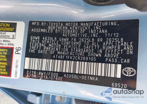 2012 Toyota Camry Le z USA, uszkodzony, nr VIN 4T4BF1FK2CR269105